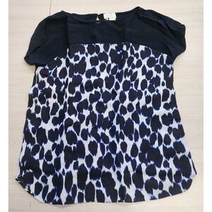 Kate Spade Black & Blue Leopard Animal Print Short Sleeve Sheer Blouse Top Sz: 0